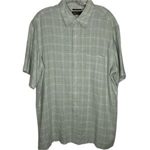 Marc Edwards Button Up Mens L Vintage 90s Green White Plaid Washable Linen Blend